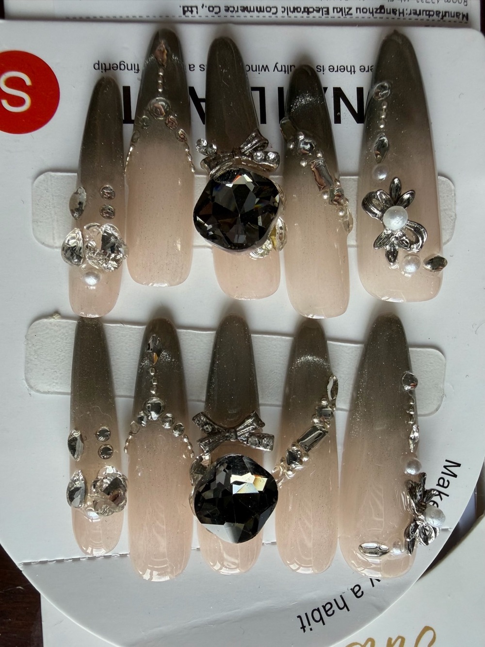 Handmade Nude Ombre Press-On Nails with Black Crystal Accents